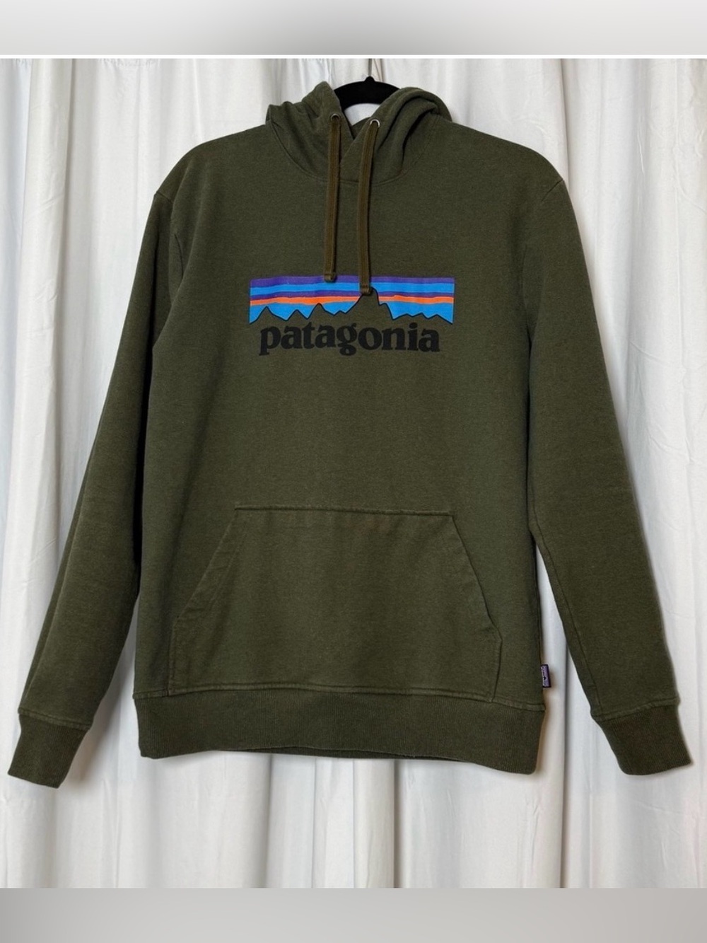 Patagonia Olive Green Pullover Hoodie with Patagonia logo and front pocket